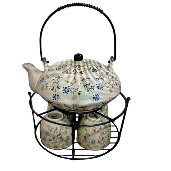 VTG Pier One Tomoko Tea Set w/ Metal Carrier Porcelain Floral Pattern Blue Green - Picture 1 of 5